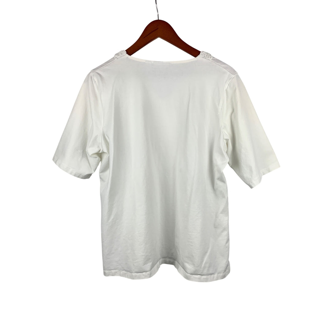 Susan Graver Womens Large White Cotton & Spandex Top With Crochet Lace Detail