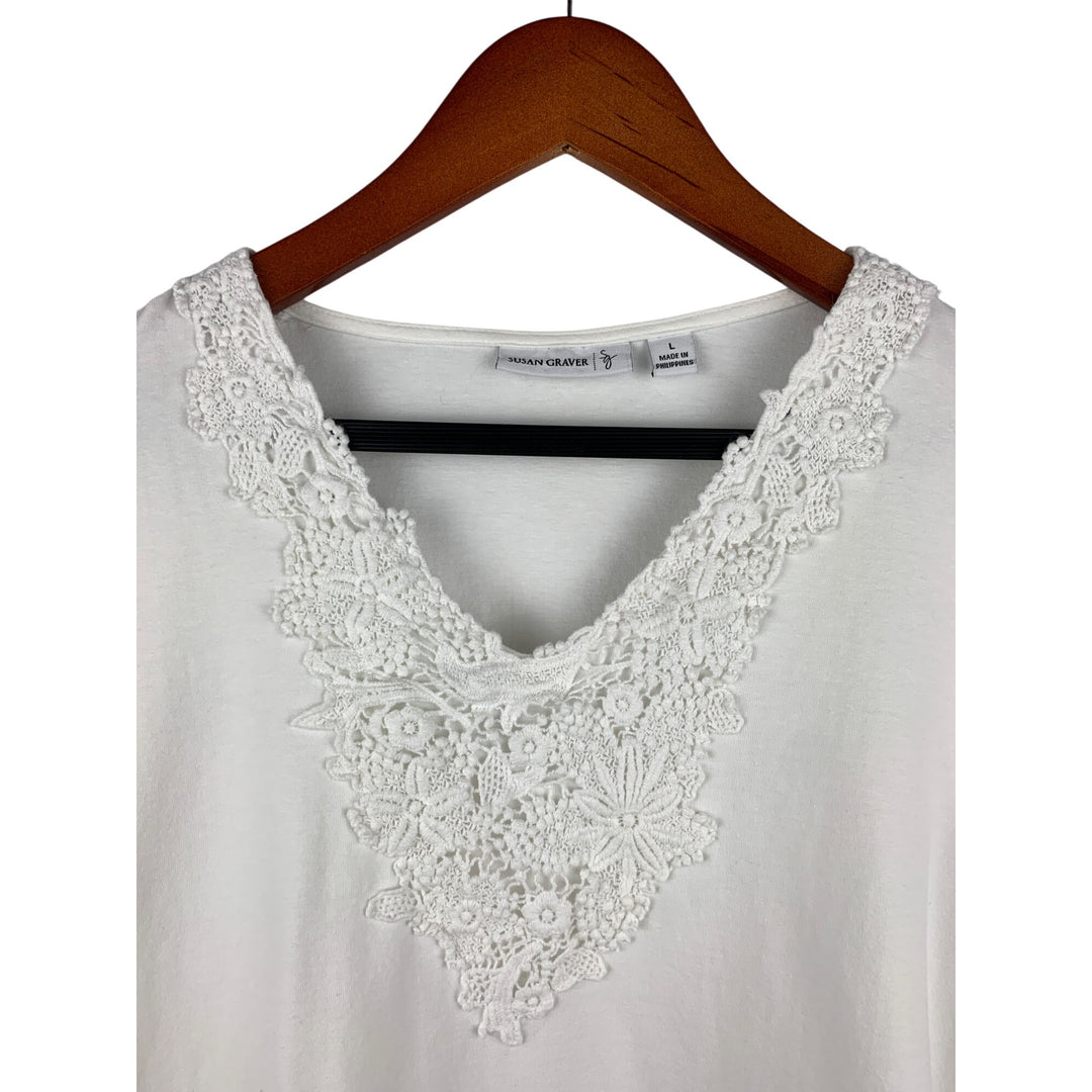 Susan Graver Womens Large White Cotton & Spandex Top With Crochet Lace Detail