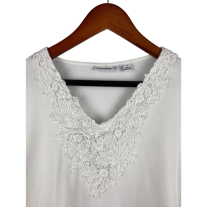 Susan Graver Womens Large White Cotton & Spandex Top With Crochet Lace Detail