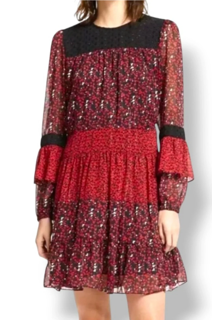Metallic Tiered Red Black Floral Dress Sheer Bell Sleeve Romantic Boho