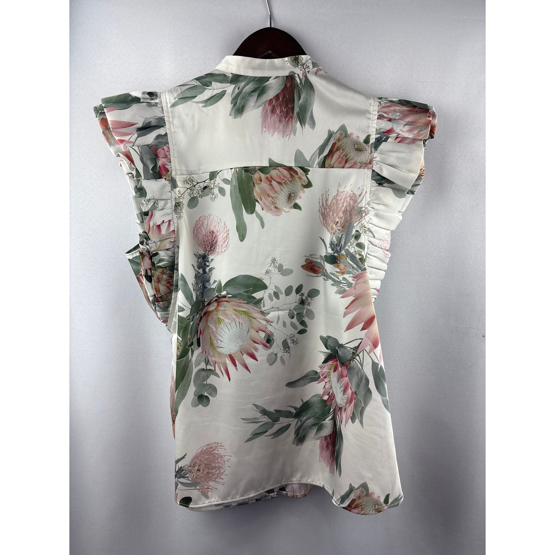 Women’s Express Large White Satin Sleeveless Floral Blouse