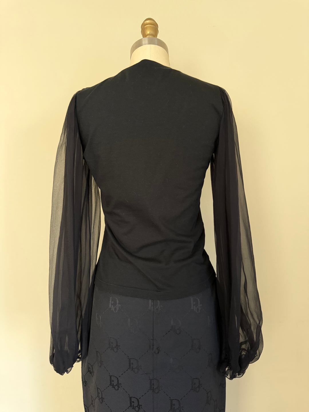 Christian Dior by John Galliano Black Sheer Sleeve Knit Top Made in France Size FR 38/US 6