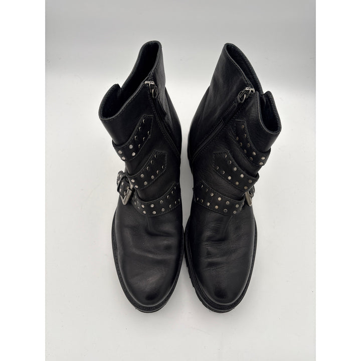 Women’s M. Gemi Black Leather Faux Studded Buckle Ankle Boots