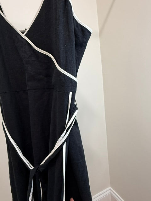 1901 Linen Blend Wrap Style Maxi Dress Black White Trim SzL
