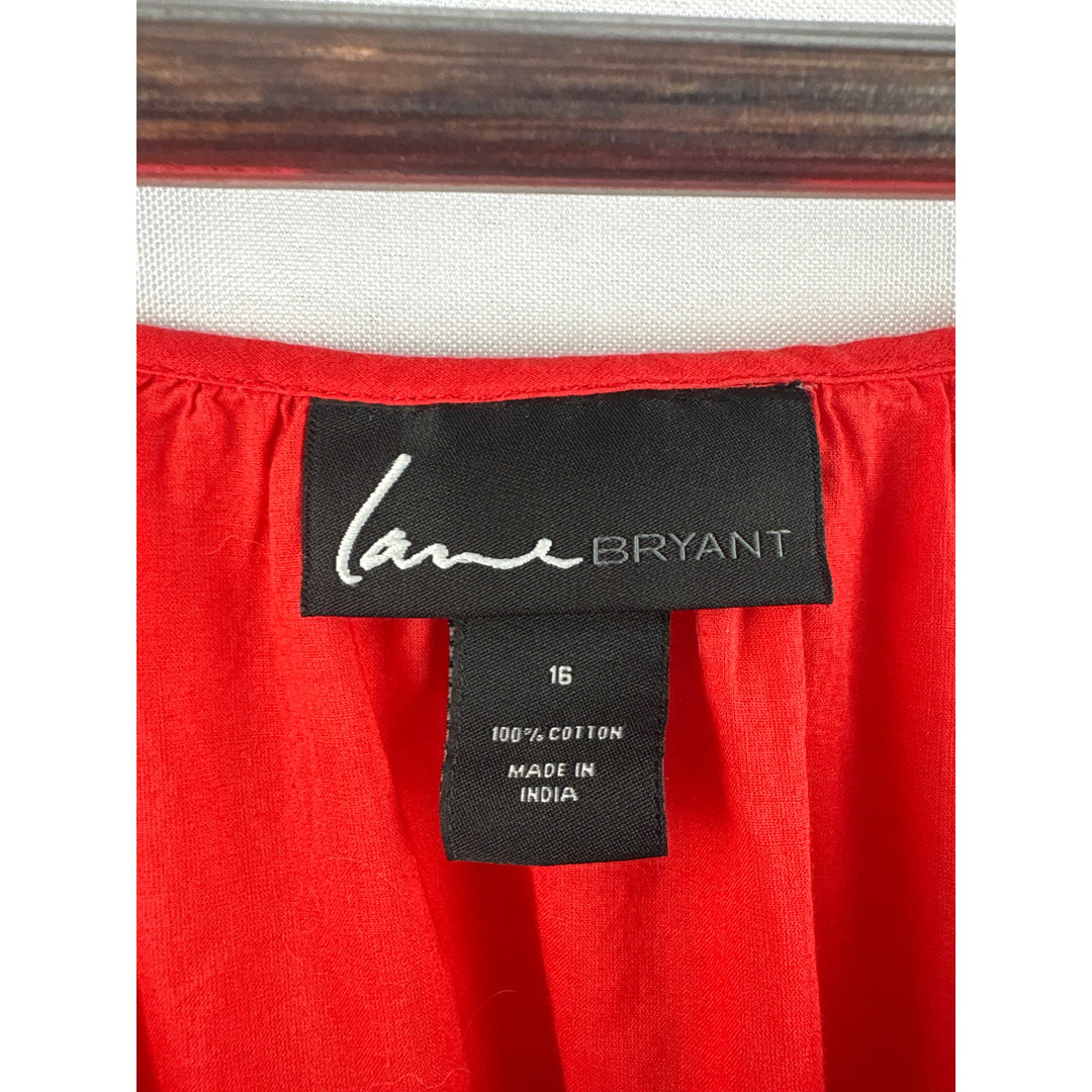 Women’s Lane Bryant Size 16 Bright Red Blouse w/ Embroidered Neckline