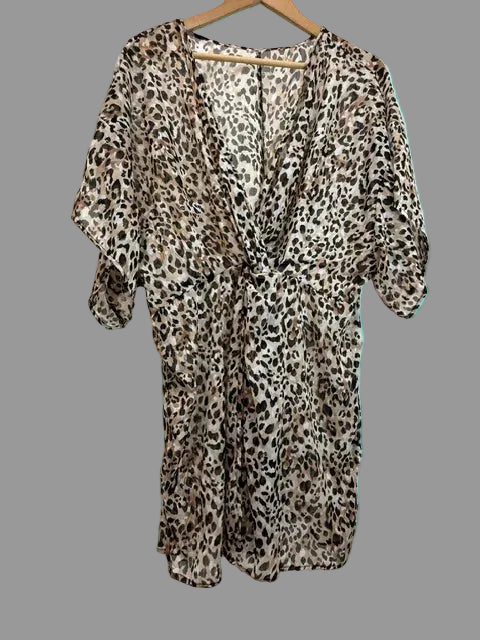 Leopard Print Semi Sheer Swim Cover Up Dress Fits Up to XL