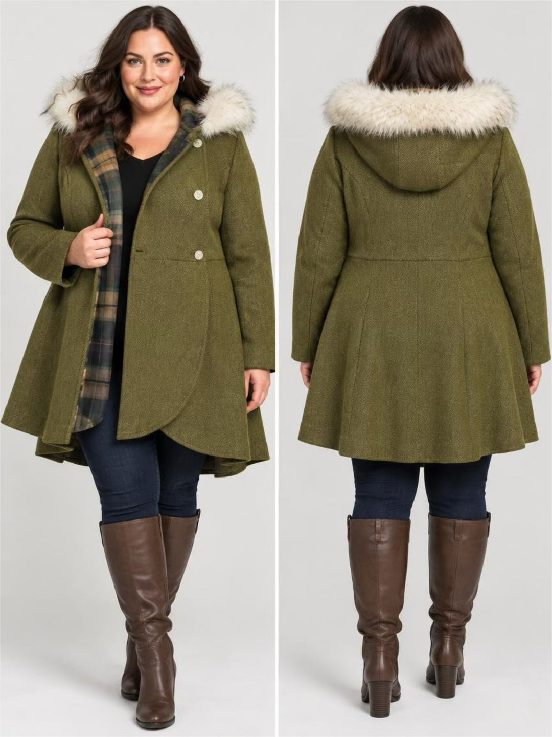 Womens Torrid Outlander Olive Tweed Hooded Faux Fur Coat Size 2X