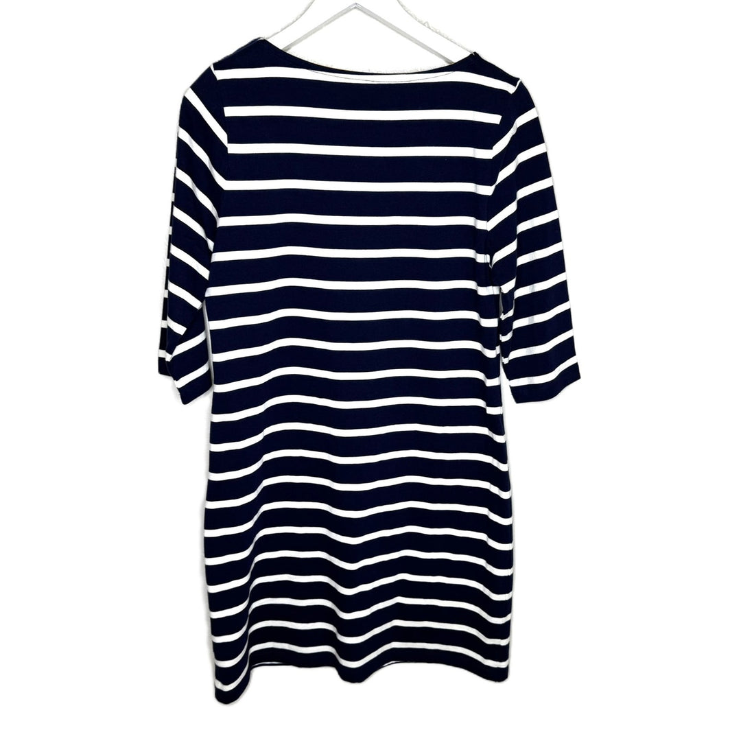 Boden Navy Blue Striped 3/4 Sleeve Shift Dress w/ Pockets, Size 8