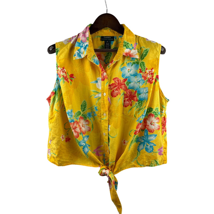 Women’s Green Label Ralph Lauren Size 2x Yellow Sleeveless Blouse w/ Multicolor Florals