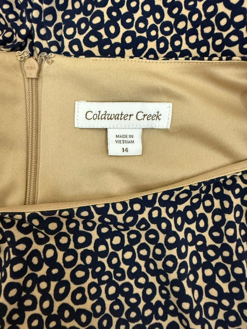 Coldwater Creek Ruched Brooch Dress Navy Tan Sz14