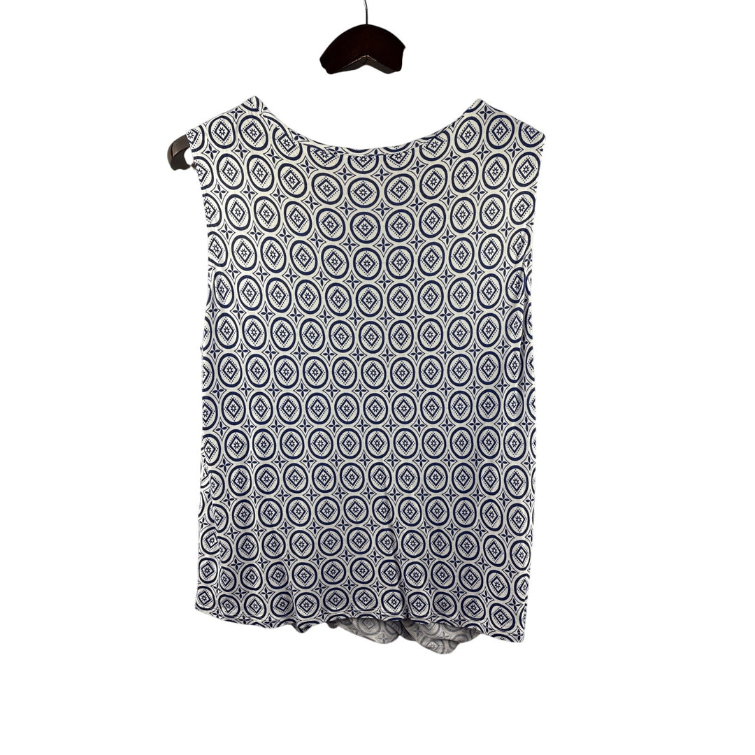 Women’s Cabi XL White w/ Blue Patterned Sleeveless Faux Wrap Style Blouse