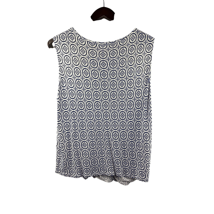 Women’s Cabi XL White w/ Blue Patterned Sleeveless Faux Wrap Style Blouse