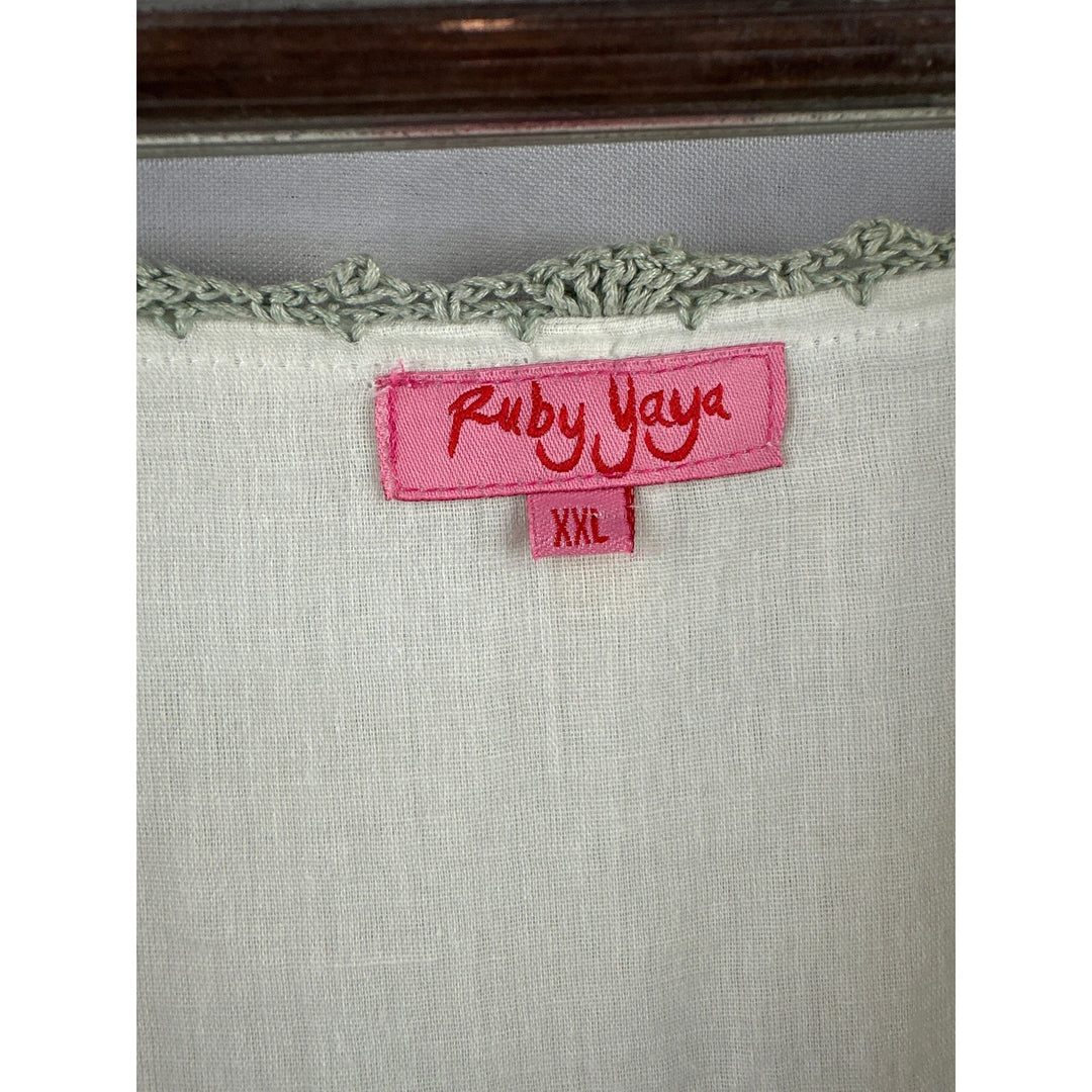 Women’s Ruby Yaya crinkled cotton peasant blouse white w/ green embroidery. XXL
