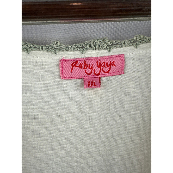 Women’s Ruby Yaya crinkled cotton peasant blouse white w/ green embroidery. XXL