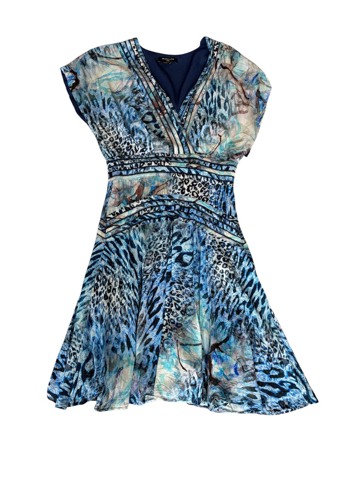 Marciano by GUESS Rose Romance Feminine Animal Motif Blue mini flared v-neck women's dress, size 2
