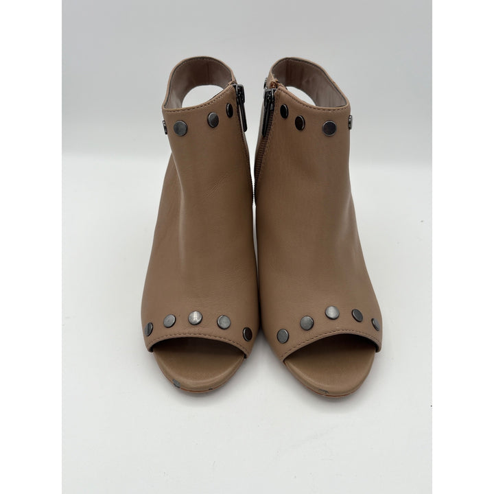 Women’s Vince Camuto Size 7.5 Taupe Block Heels with Heel & Toe Exposure w/ Silver Hardware