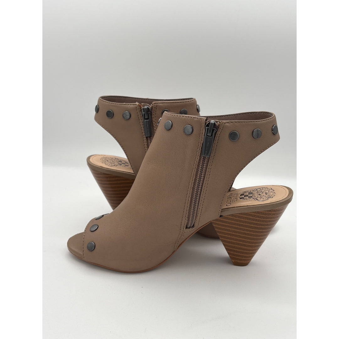 Women’s Vince Camuto Size 7.5 Taupe Block Heels with Heel & Toe Exposure w/ Silver Hardware