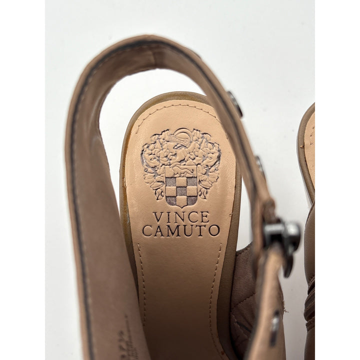 Women’s Vince Camuto Size 7.5 Taupe Block Heels with Heel & Toe Exposure w/ Silver Hardware