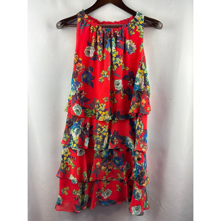 Women’s Chetta B Size 10 Bright Orange Halter Midi Dress w/ Blue Florals
