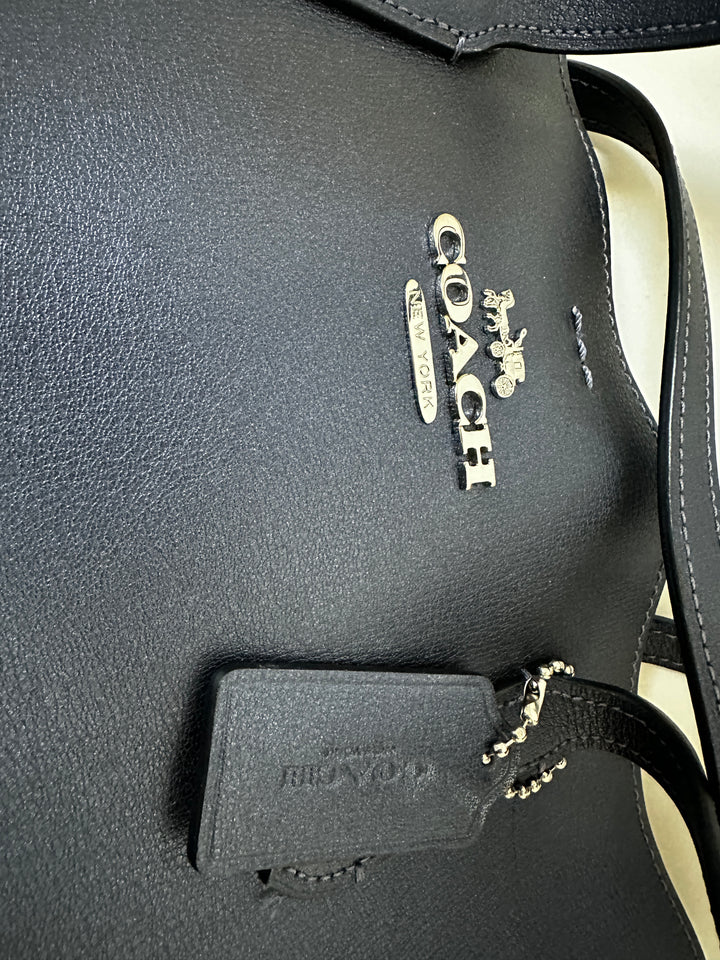 Coach Navy Blue Leather Tote Shoulder Bag Silver Hardware
