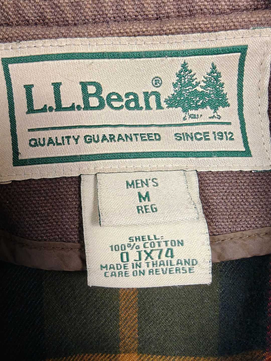 LL Bean Mens Brown Barn Coat With Corduroy Collar And Plaid Lining Size Medium