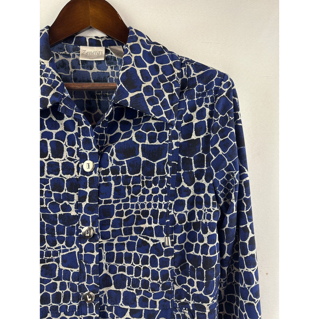 Women’s Zenergy by Chico’s Size 2 Blue, Silver, & Black Patterned Button Up