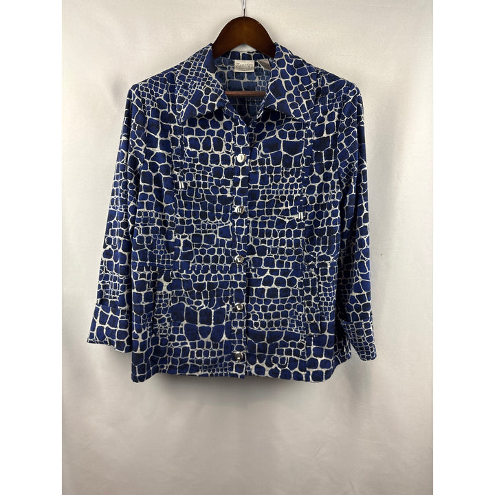 Women’s Zenergy by Chico’s Size 2 Blue, Silver, & Black Patterned Button Up