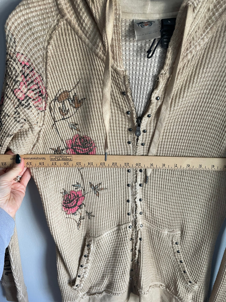 Womens Harley Davidson Y2K Cream Waffle Hooded Cardigan Floral Size L