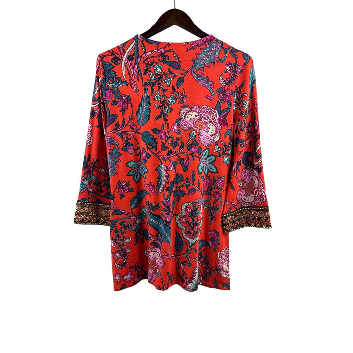 Women’s Soft Surroundings Orange Floral Patterned Blouse w/ Woven Embroidery