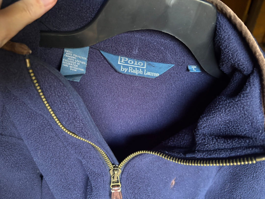 Polo Ralph Lauren Mens Navy Leather Trim Fleece Jacket Heritage