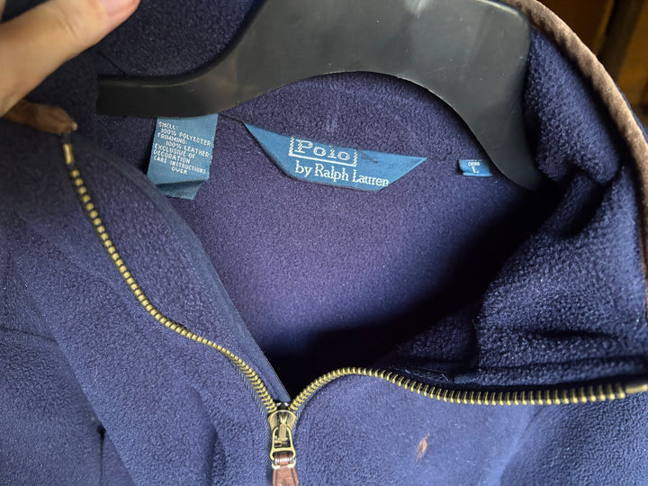 Polo Ralph Lauren Mens Navy Leather Trim Fleece Jacket Heritage
