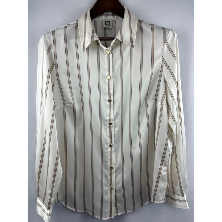 Women’s Anne Klein Cream and Tan Striped Satin Blouse Size L
