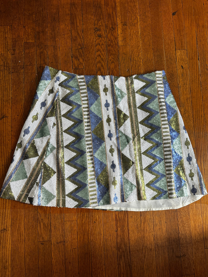 Aqua Geometric Sequin Mini Skirt Size L Blue Green Art Deco Party