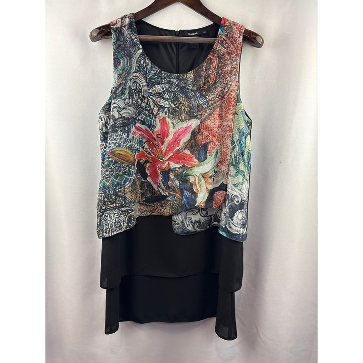 Women’s Desigual Size 12 Black Layered Sleeveless Dress w/ Multicolor Design