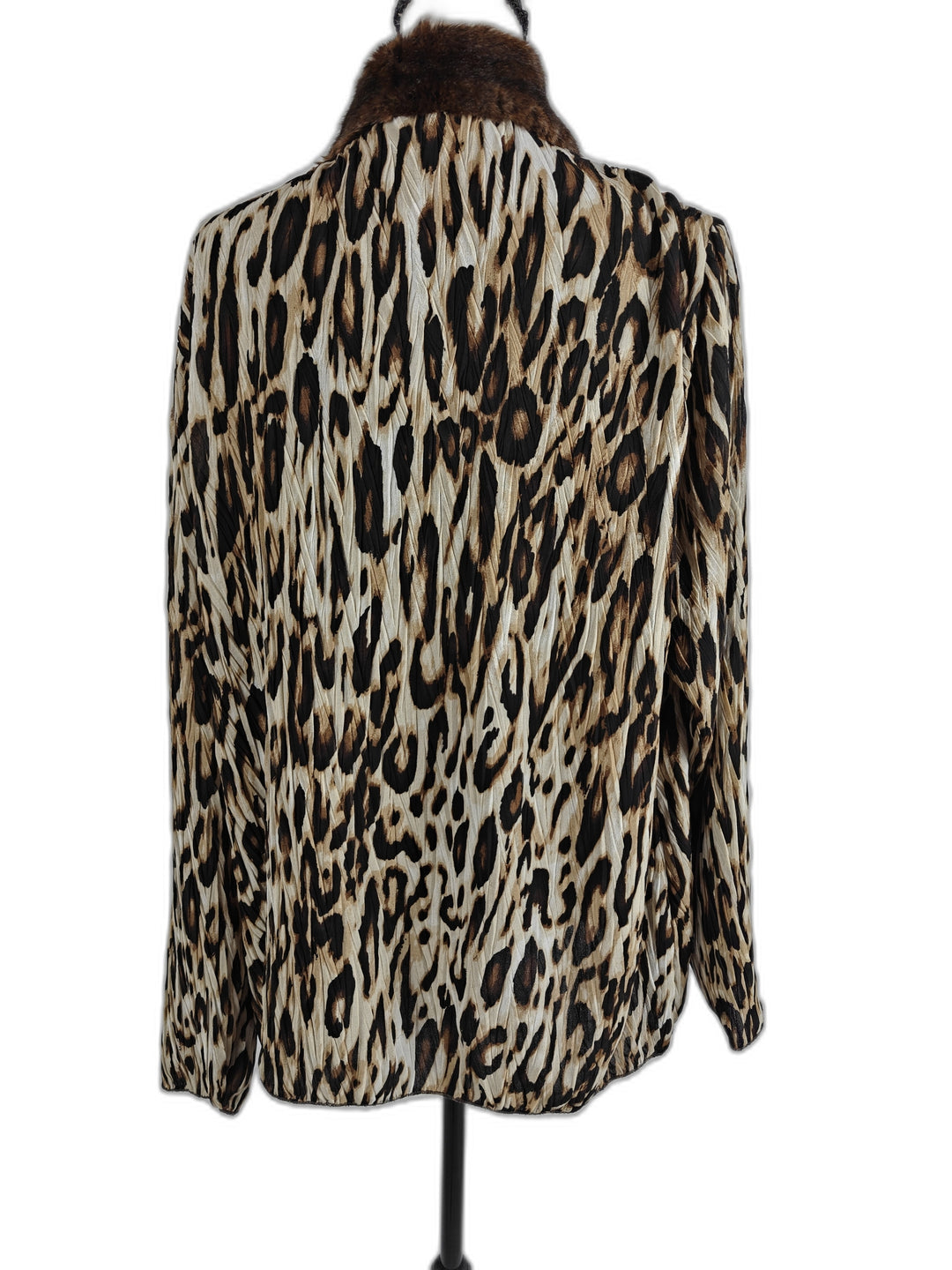 Chicos Leopard Print Sheer Blouse With Faux Fur Collar Brown Black Size 3