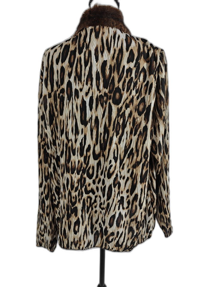 Chicos Leopard Print Sheer Blouse With Faux Fur Collar Brown Black Size 3