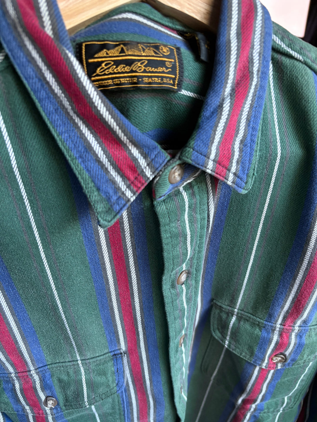 Eddie Bauer McKinley Mens Large Vintage Green Striped Cotton Flannel Shirt