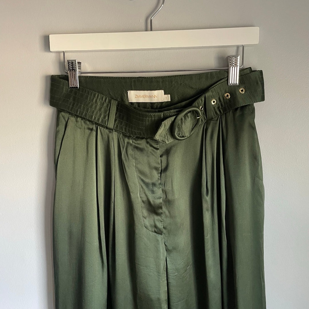 Zimmermann Wide Leg Forest Green Silk Belted Pants Party Resort Holiday Size 6