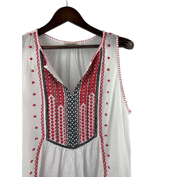 Women’s Lucky Brand XL White Tank Blouse w/ Red & Blue Embroidery