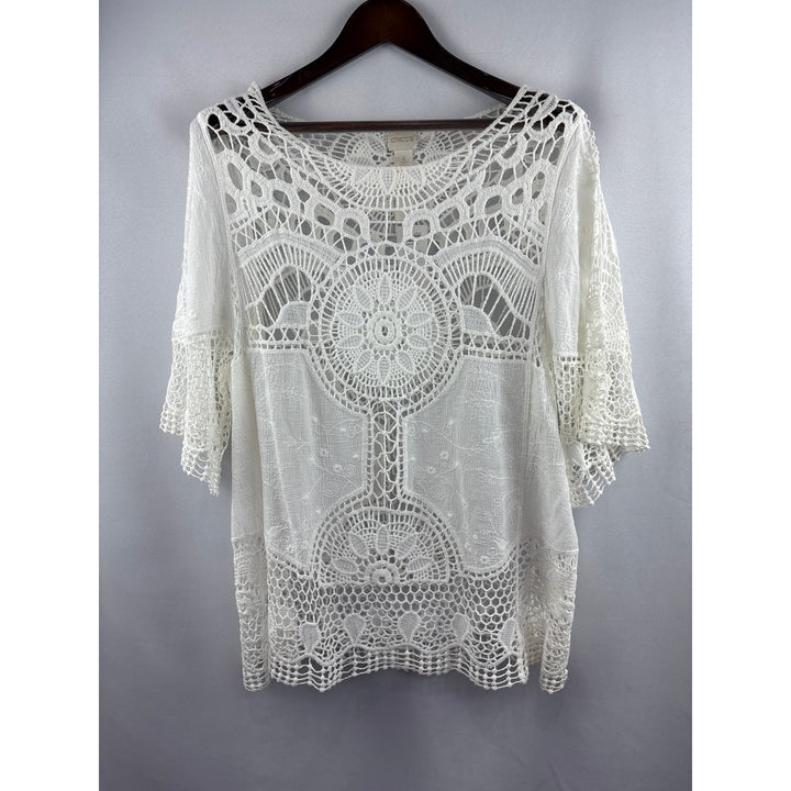 Women’s Chico’s Size 3 White Knit & Embroidered Floral Sheer Blouse