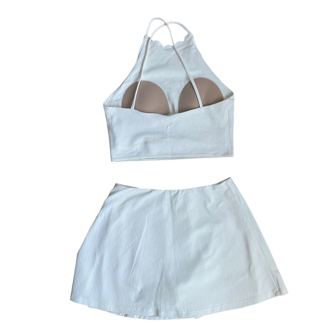 Marysia White Swim Suit Skort Set halter top size S top size M bottom Preppy Boho Clean Girl Vacation Cruise Bathing Suit