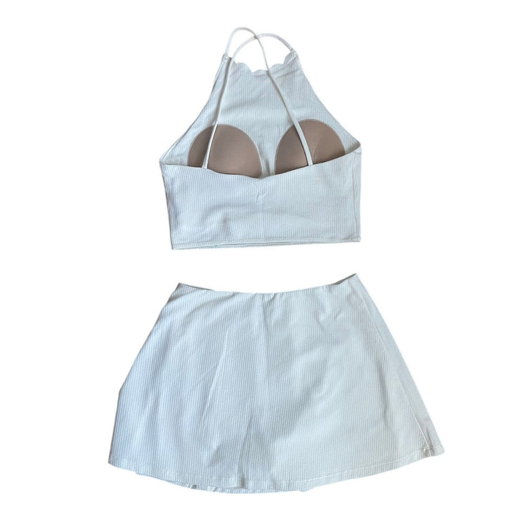 Marysia White Swim Suit Skort Set halter top size S top size M bottom Preppy Boho Clean Girl Vacation Cruise Bathing Suit