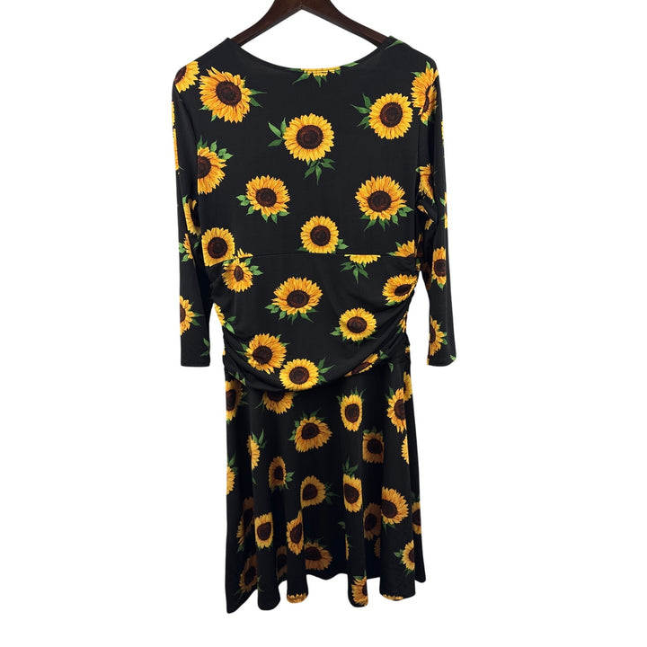 Women’s Rekuccí Size 16 Black w/ Yellow Sunflowers 3/4 Length Sleeve Midi Dress