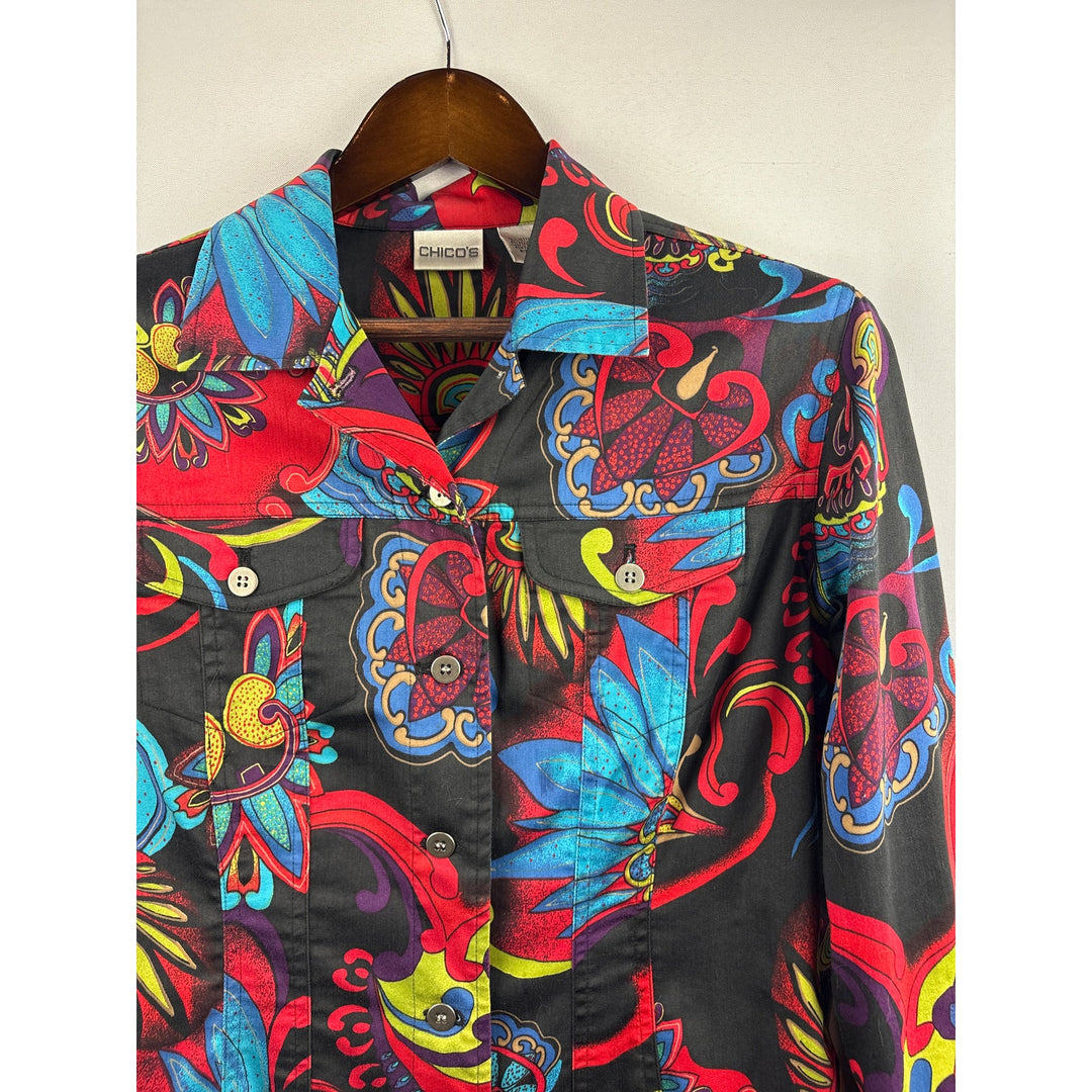 Women’s Chico’s Size 1 Black w/ Multicolor Paisley Button Up Shirt