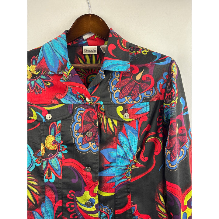 Women’s Chico’s Size 1 Black w/ Multicolor Paisley Button Up Shirt