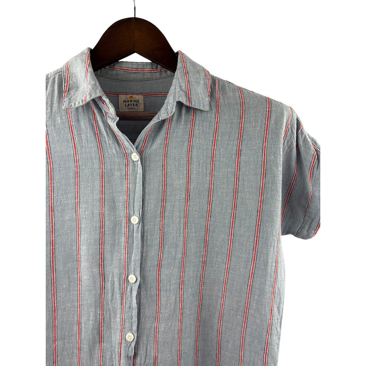 Women’s Marine Layer XS Light Blue w/ Red Stripes Short Sleeve Button Up