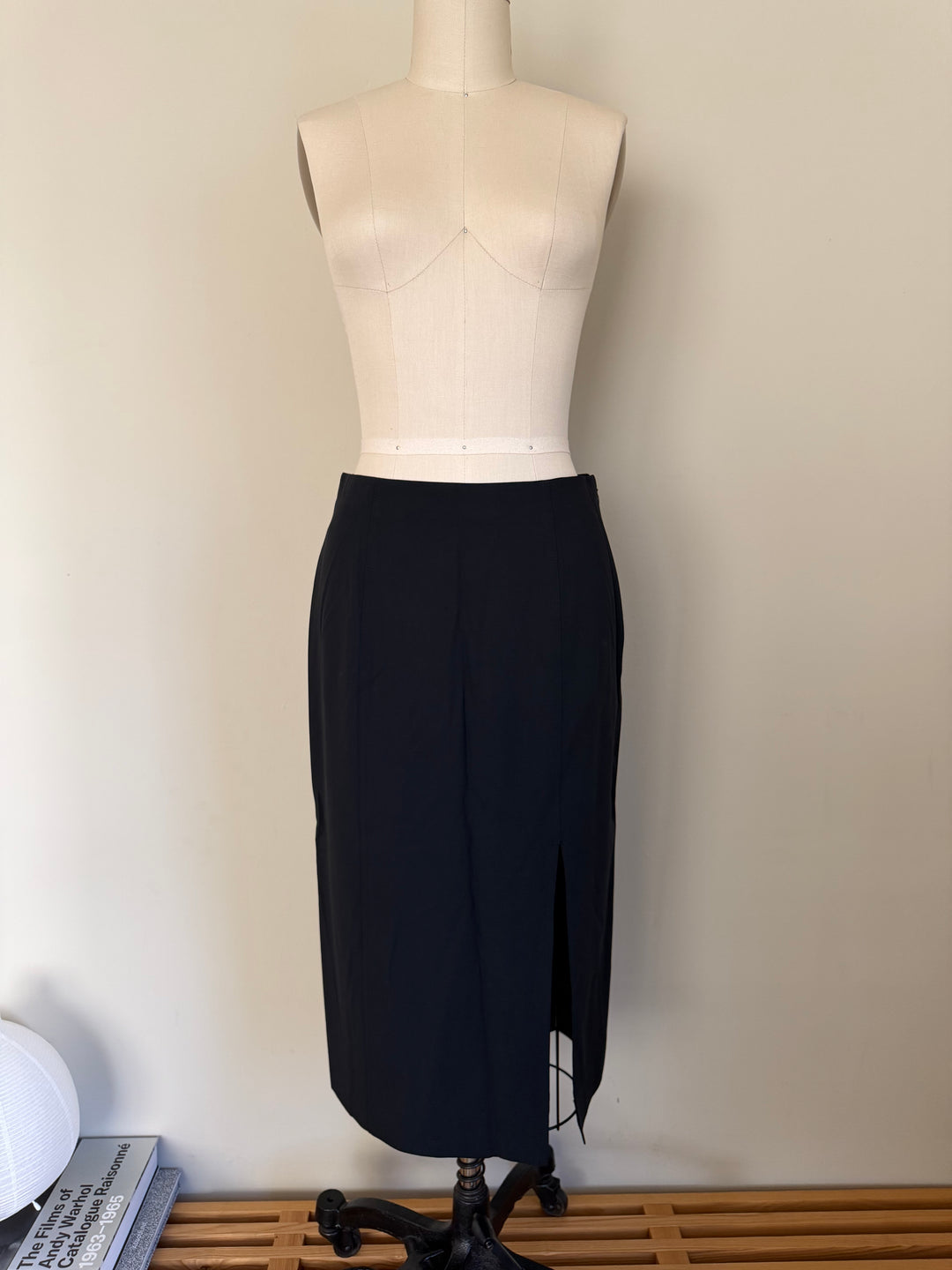 Christian Dior Boutique Black Wool Midi Pencil Skirt Side Slit Made in France FR 38