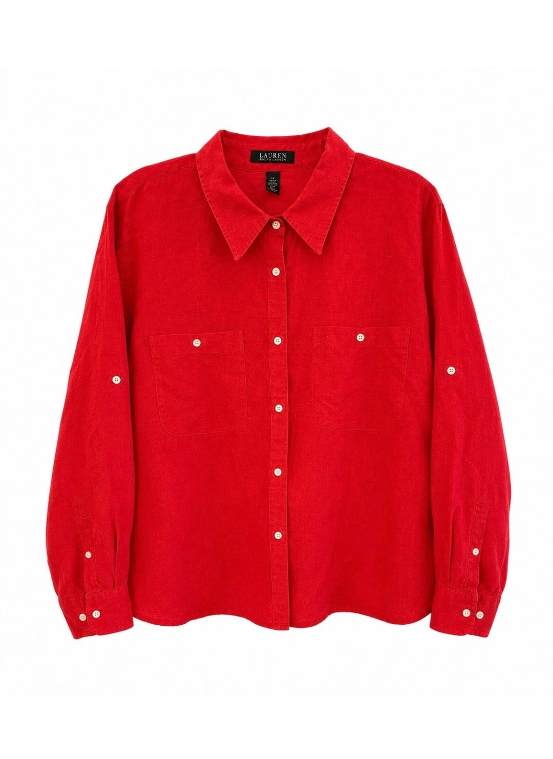 Lauren Ralph Lauren 100% Linen Red Button Up Shirt Womens 2X Roll Tab