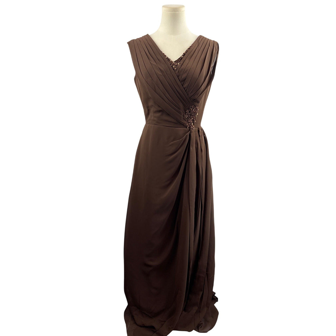 Elegant Brown Evening Gown With Beaded Embellishments &amp; Pleated V-Neck Design