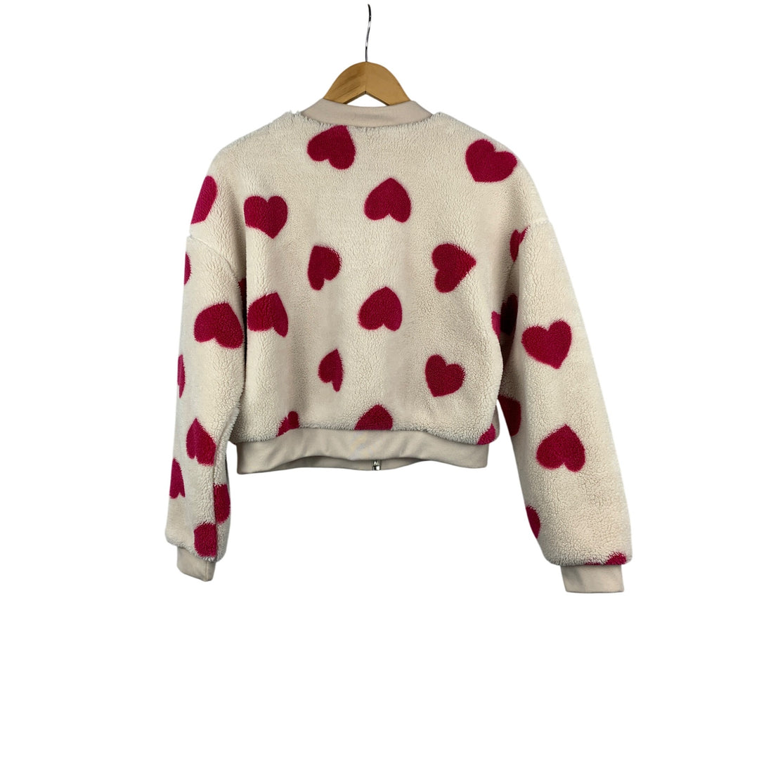 No Boundaries L Faux Fur Heart Print Zip-Up Jacket